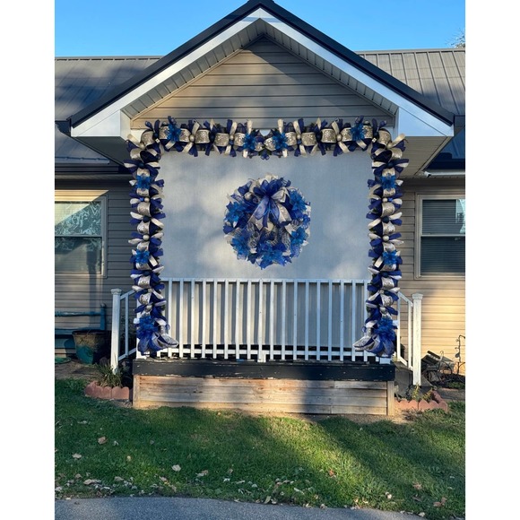 Blue and Silver Wreath & Christmas Garland Holiday Home Decor, Front Door Hanger - Picture 2 of 11